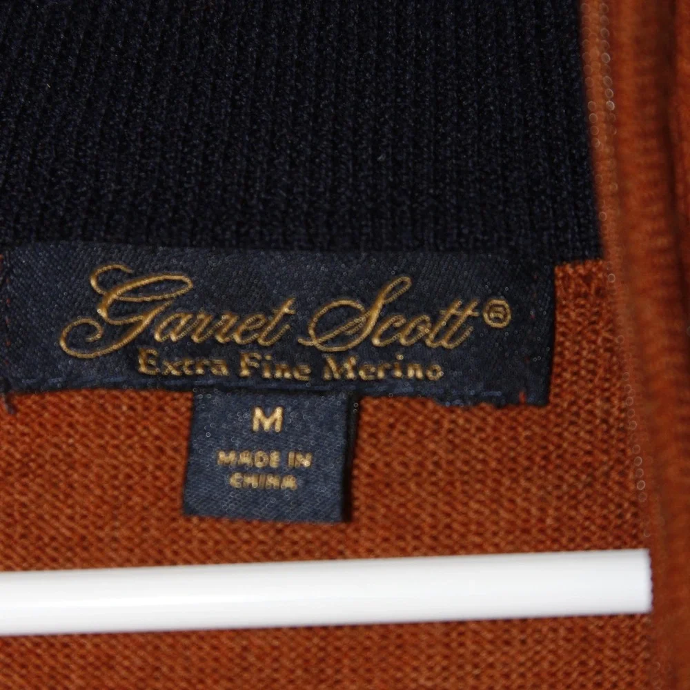 Garret Scott Sweater‎ Mens M Rust Orange Extra Fine Merino Wool Quarter Zip